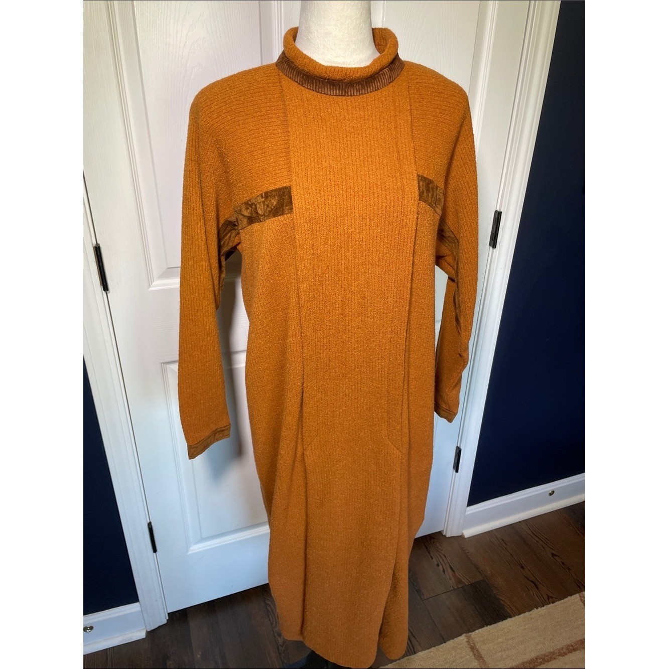 Vintage SPAZIO Italy Wool Knit Dress Orange Funnel Neck Velvet Trim Midi Maxi L