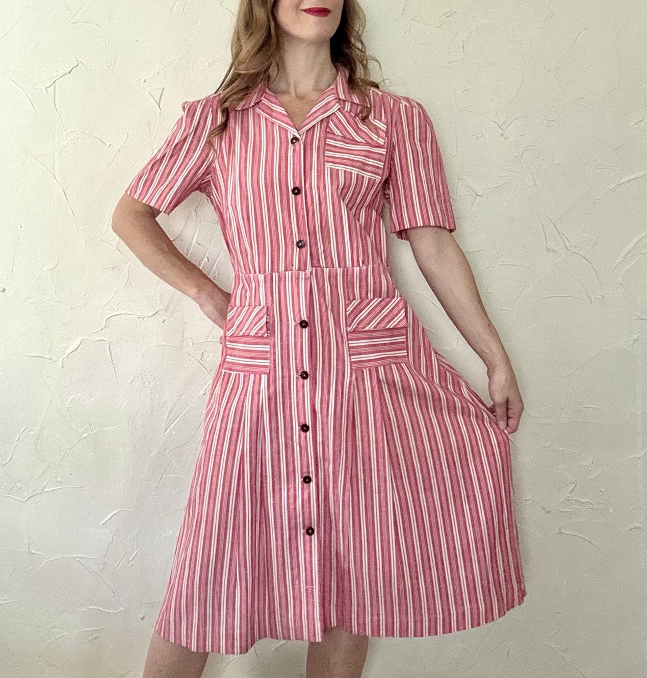 VTG 1930s Early 40s Red White Stripe Cotton House Dress Plus Size
