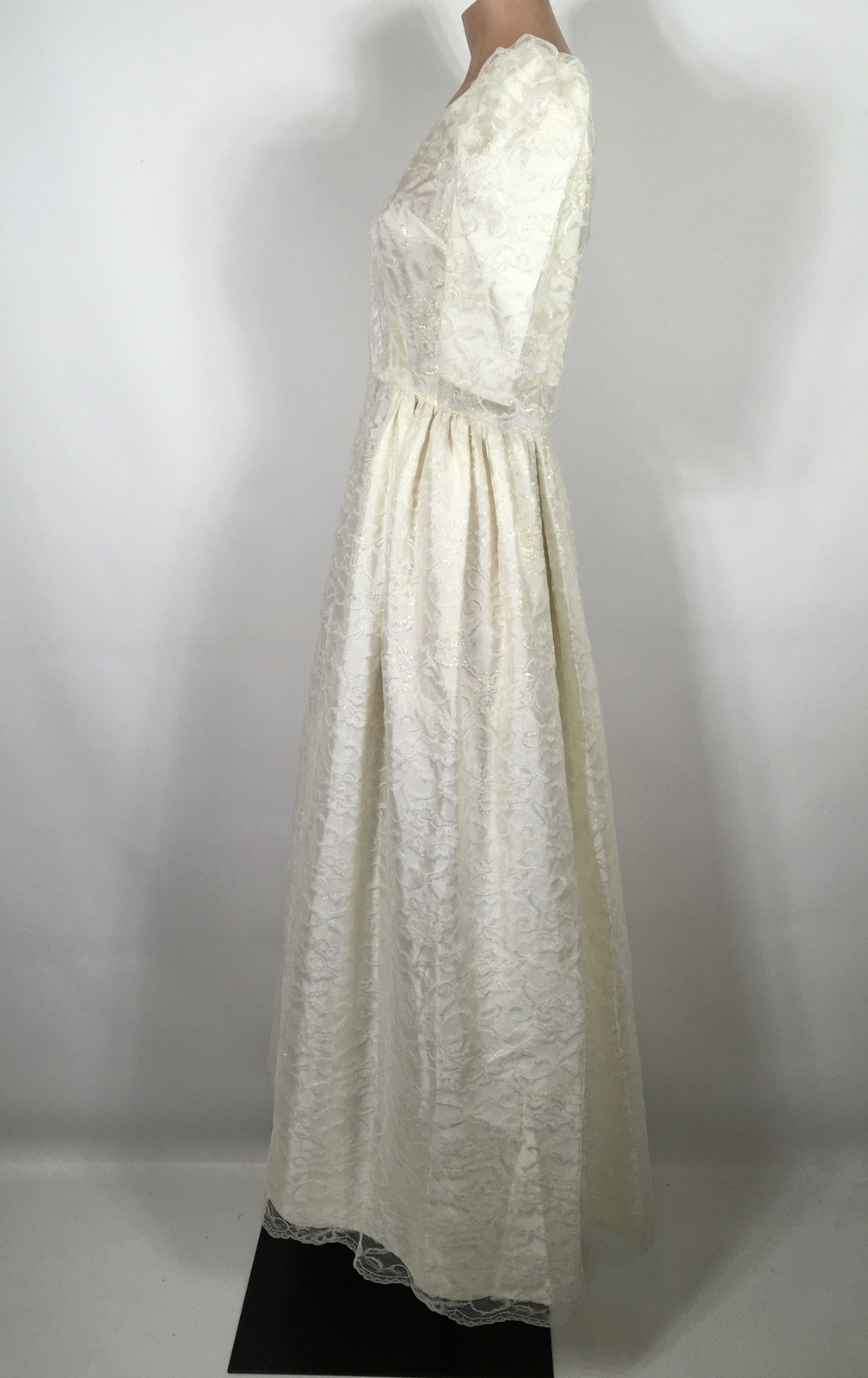 VTG 80s Puffy Sleeve Dress Floral Lace PROM Party Wedding Metallic Lame EUC S/M