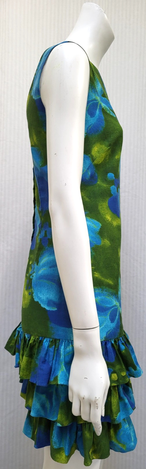 Vintage 1960s SUN FASHIONS HAWAII Blue Green Floral Ruffle Dress – Size XS – EUC