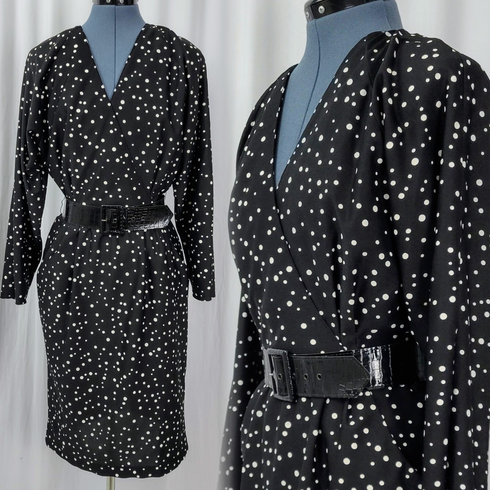 Vintage Sally Lou Black Wrap Dress w White Polka Dots & Belt Size 12