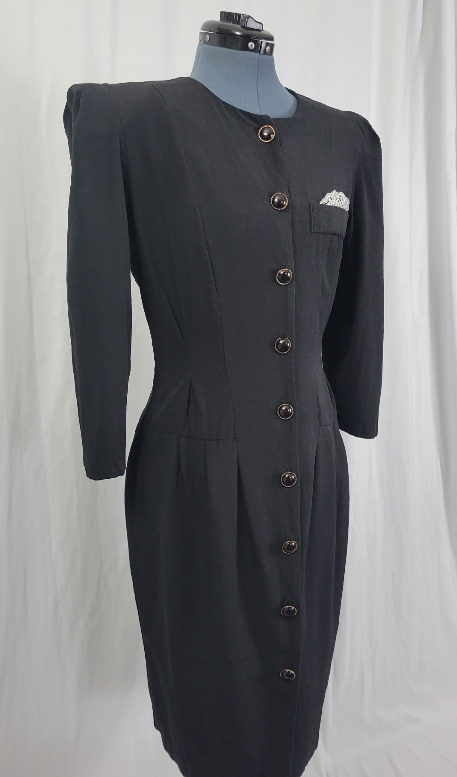 Vtg All That Jazz Black Button Down Sheath Dress w Lace Pocket Square Size 11/12