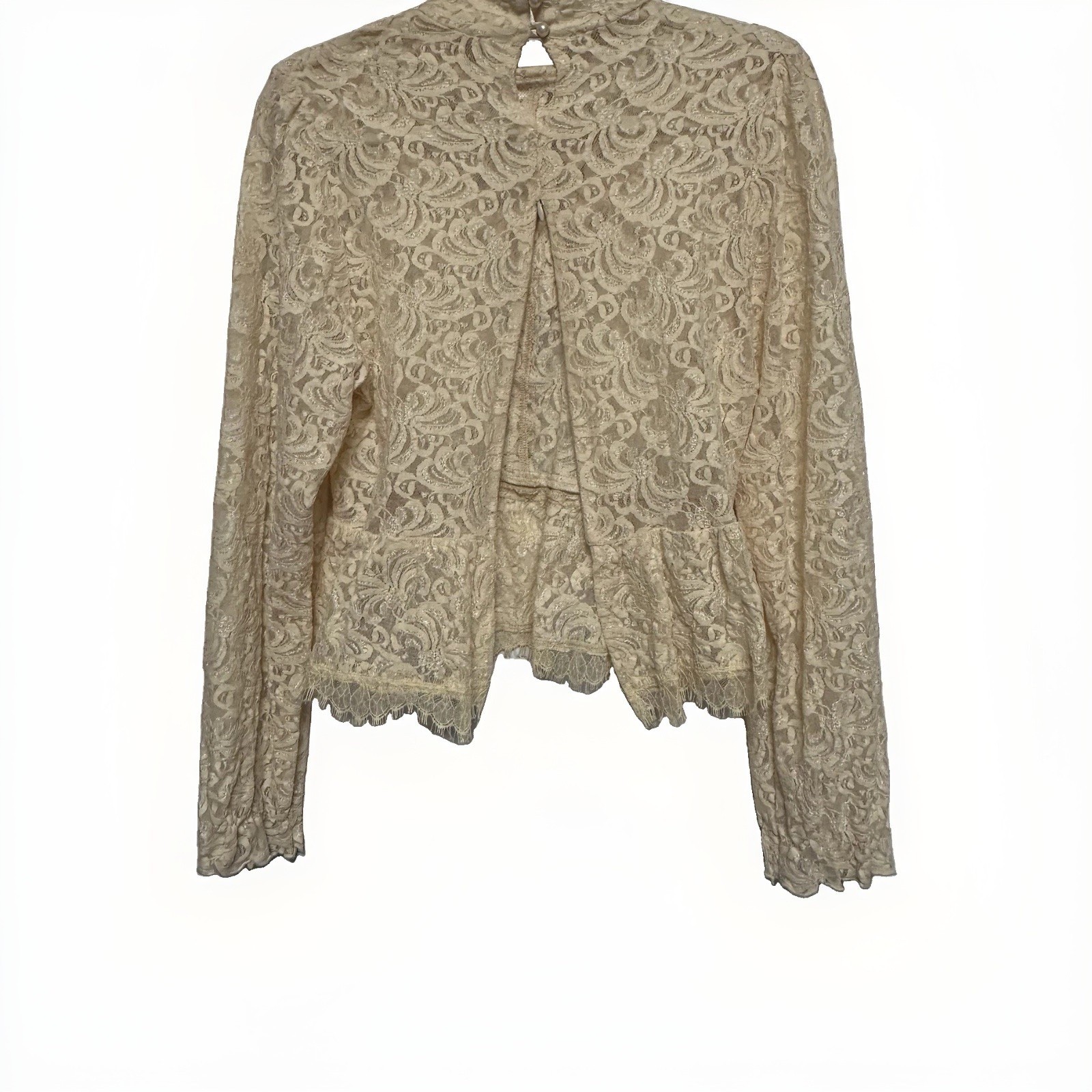 Vtg 80’s Style Victorian Lace Ribbon Blouse Pearl Button High Neck Peplum Top