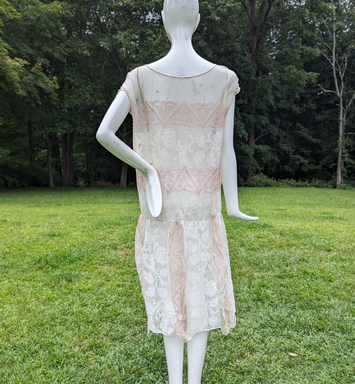 FLAPPER 1920’S SOFTEST NET DRESS W FLORAL LACE + HAND EMBROIDERY