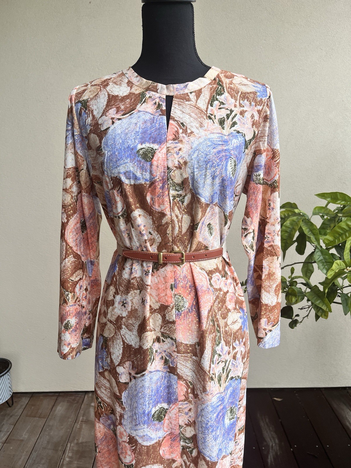 Vintage 70s Maxi Dress Long Sleeve Boho – British Lady – Gold Coral Blue Medium