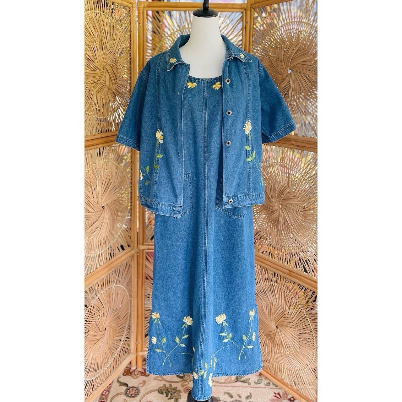 Vintage Agapo 2 pc Denim Embroidered Yellow Flowers Jumper Dress & Shirt Set L