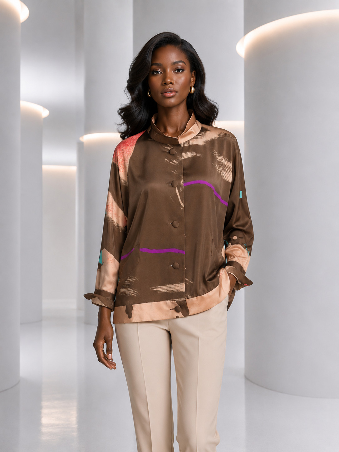 PIERRE CARDIN – 1970s Multi Color Brown Silk Blouse, Size 6