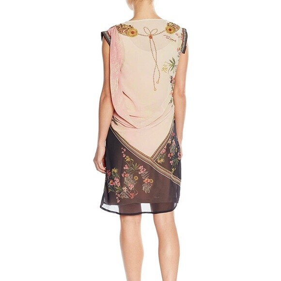 Desigual Elo Sheer Floral Chiffon Flapper Bejeweled Neckline Knee Dress – Small