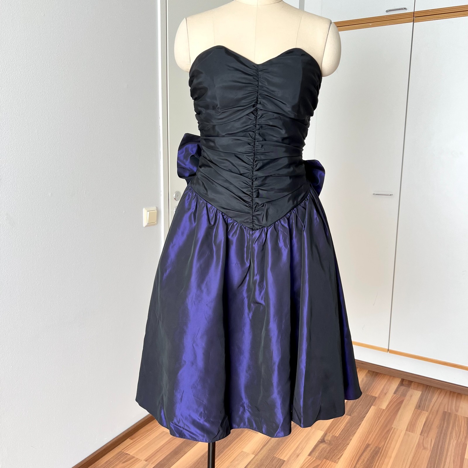 1980s Taffeta Prom Party Dress Bow Back Ruched Cocktail Strapless Gown EU 36