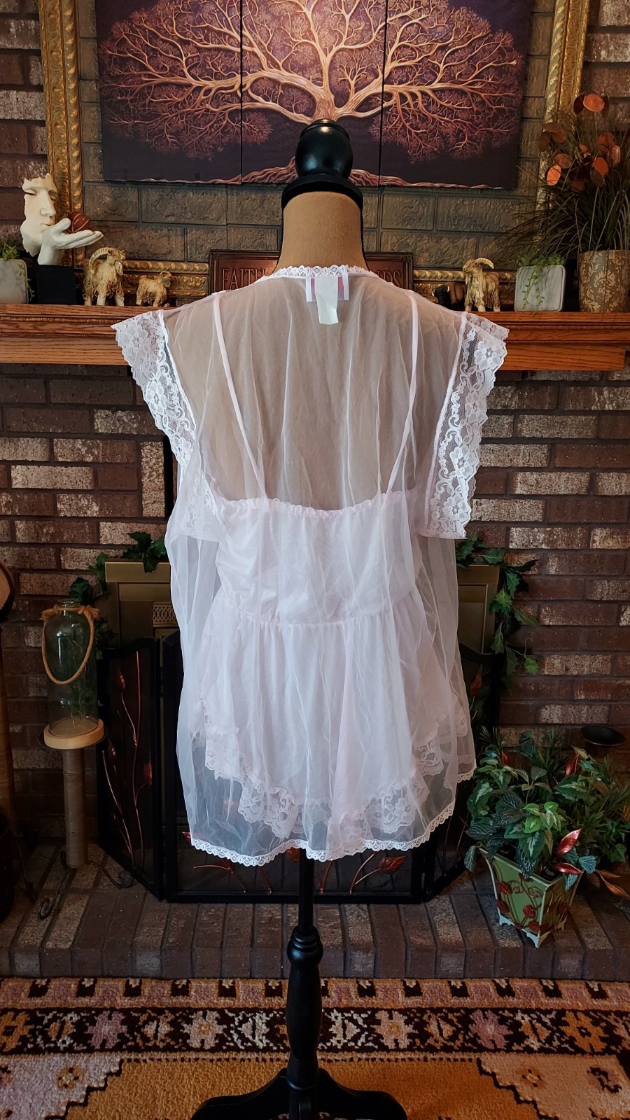 Vintage Featherbed Intimate Pink Lace Peignoir Lingerie Set Size Large