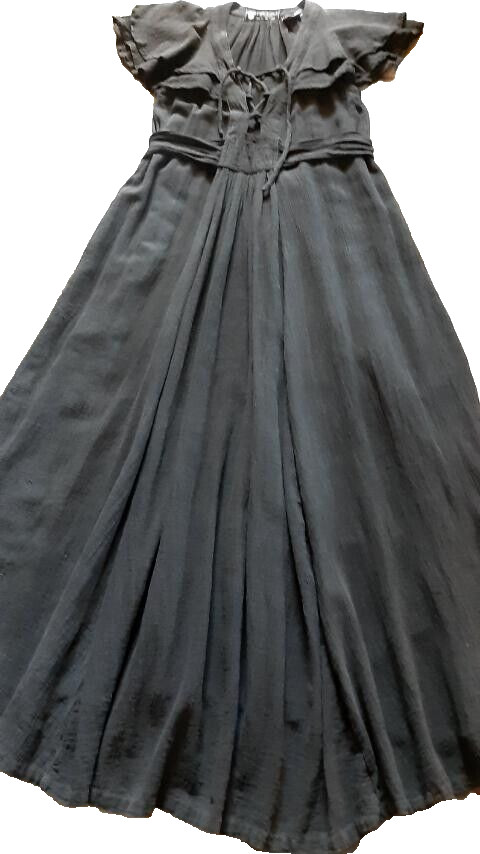 Vintage RADLEY London Black Maxi Sexy Cotton Dress Wing Sleeves Size 12-36″/91cm