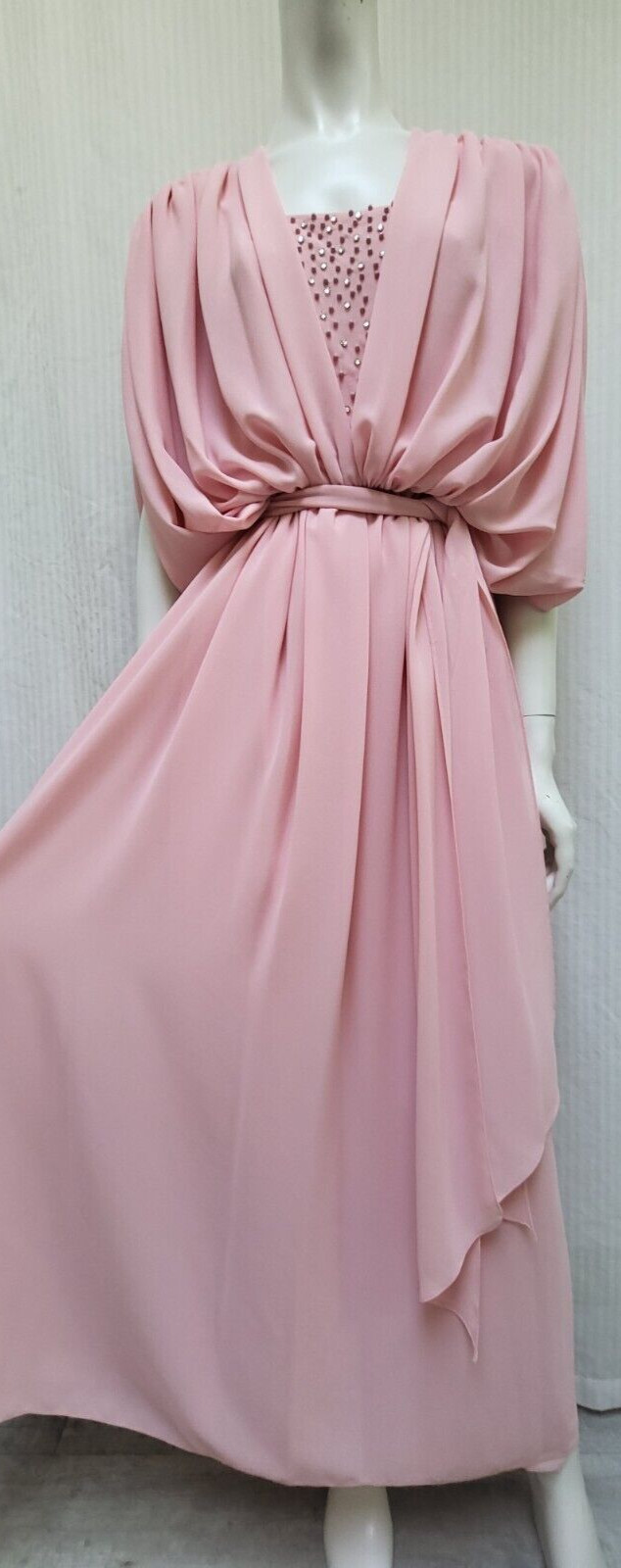 Vintage KAY KIPPS Pink Crepe Chiffon Draped Goddess Gown Dress – Size S – EUC
