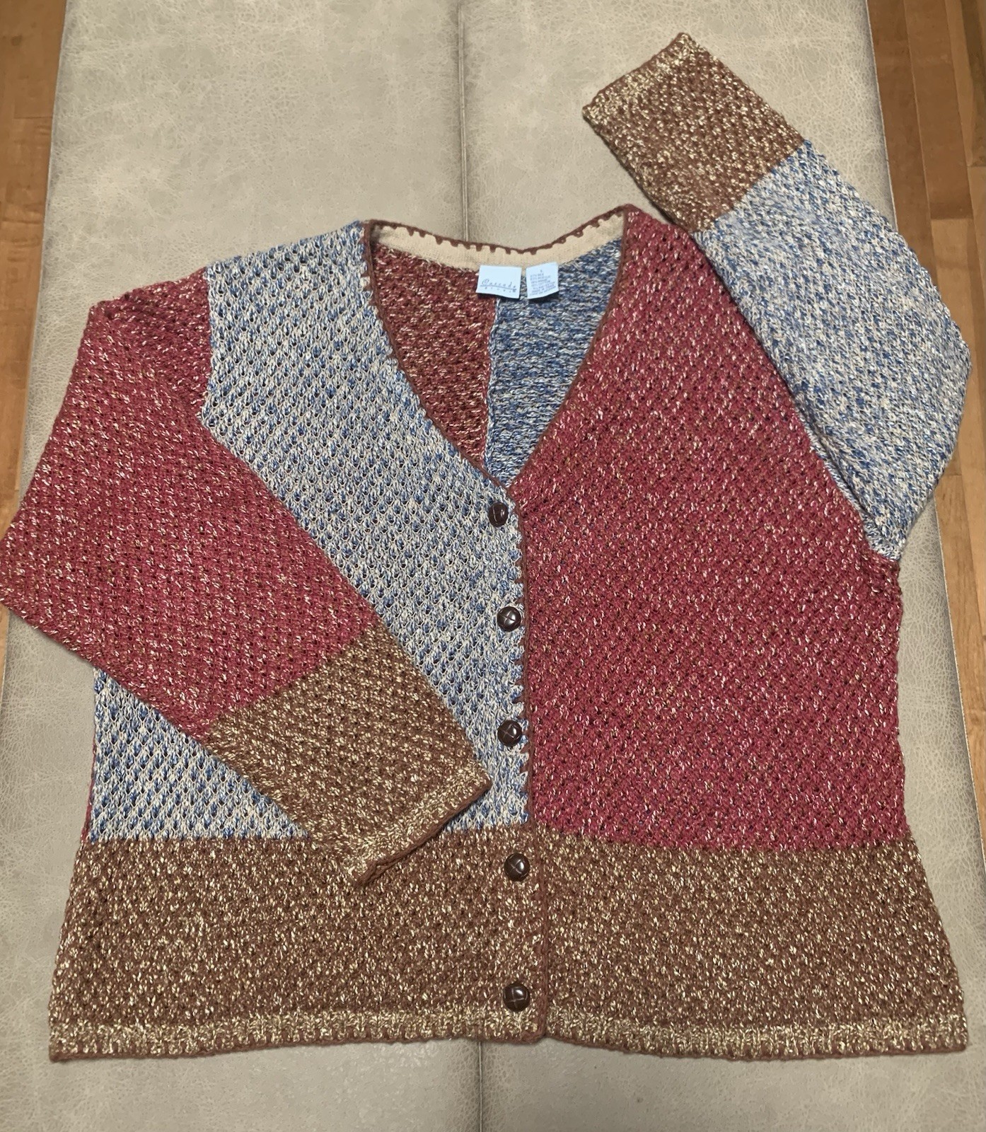 Vintage 90s Cascade Blues Women Unique Colorblock Knit Silk Blend Cardigan Large