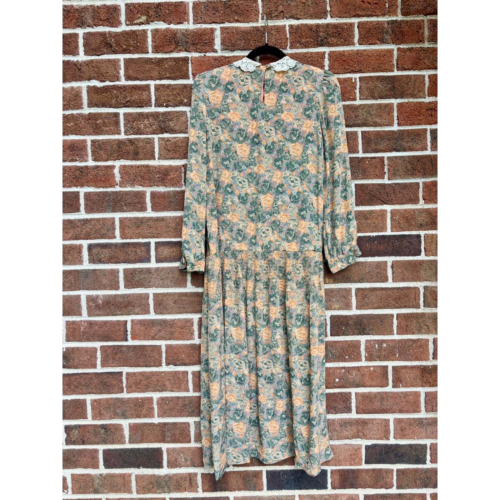 Vintage 80s Taurus II Floral Prairie Dress Lace Collar Drop Waist Pink Green