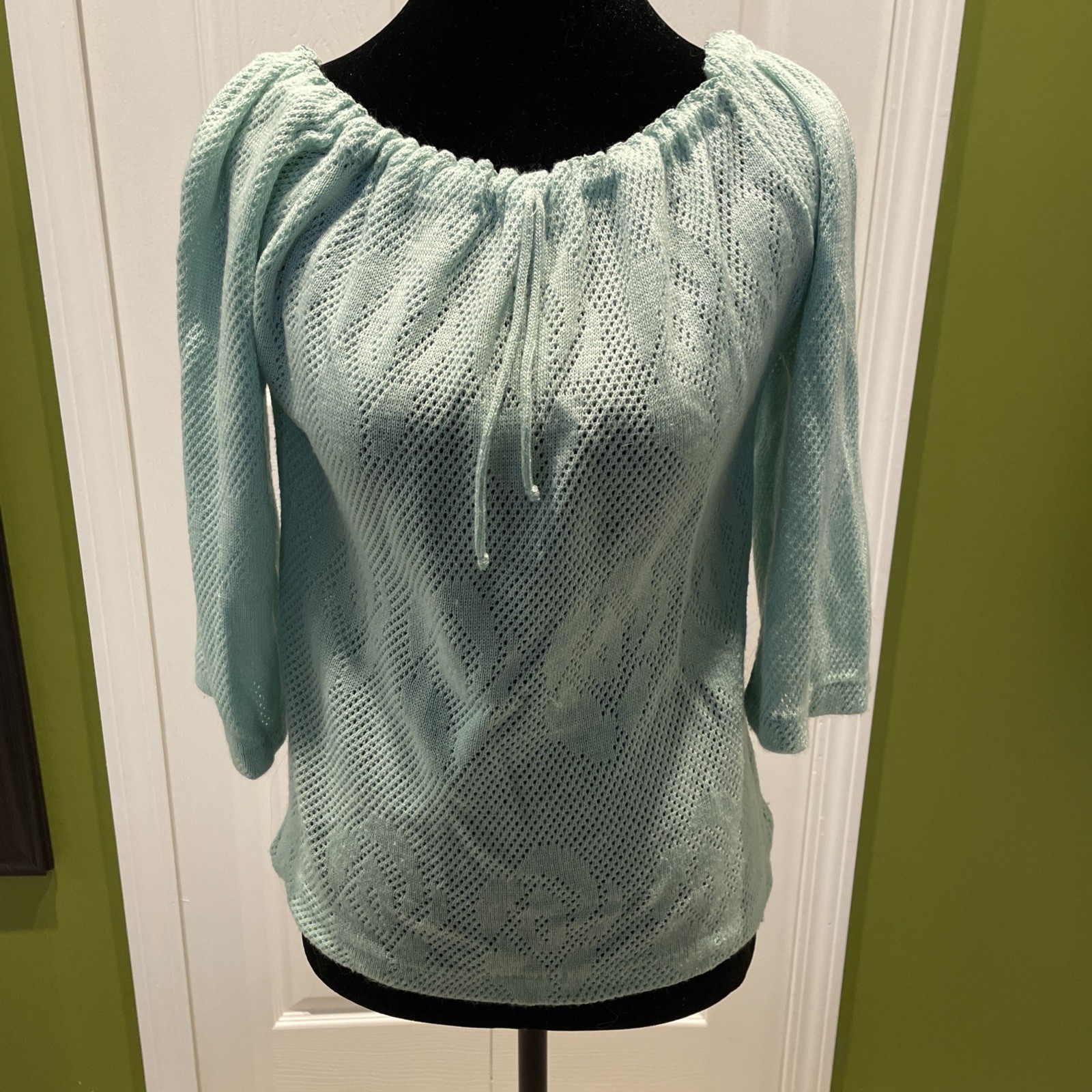 Vintage Garland 80s 3/4 Length Sweater Mint Green Roses Sheer Light Small Xs