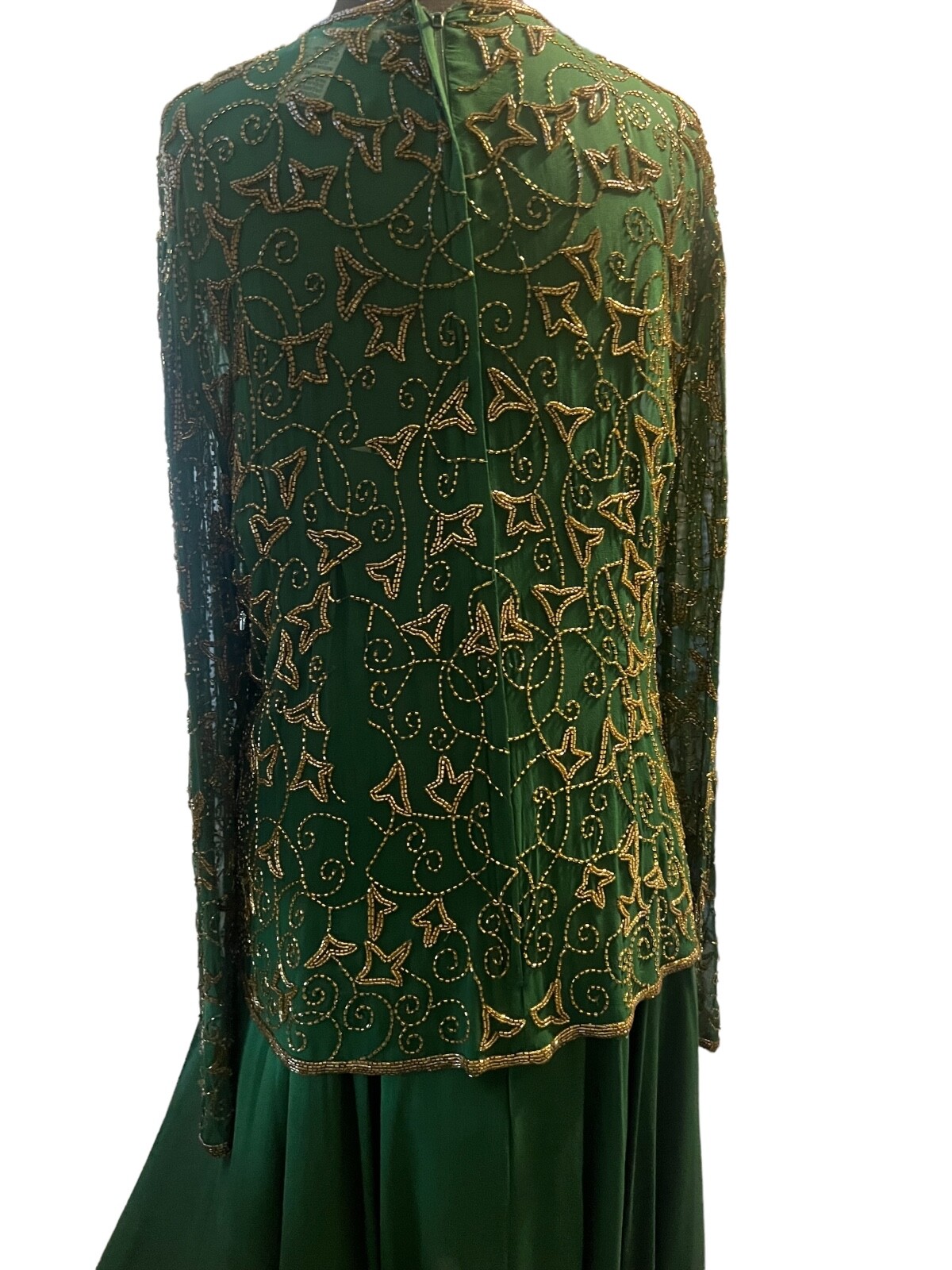 Vintage Evening Gown Niteline by Della Roufogali Green beaded Long sleeve, SZ 16