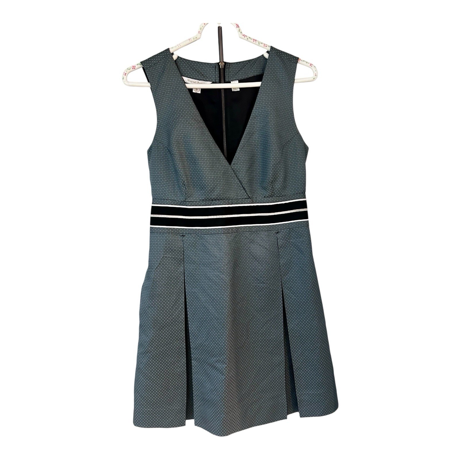Vintage Original Penguin Silk Dress Size 6 V-Neck Empire Waist Gray Navy