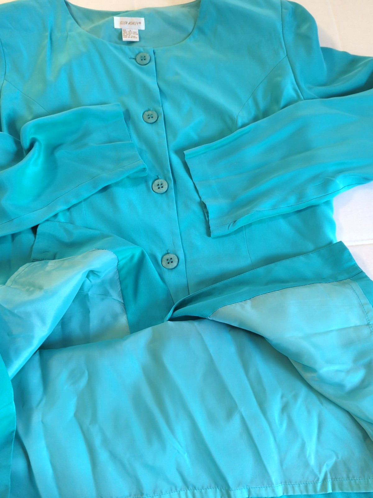 Vintage 80’s Silk Dress Size 12 Turquoise Lg Sleeve Button Up Wedding Guest Chic
