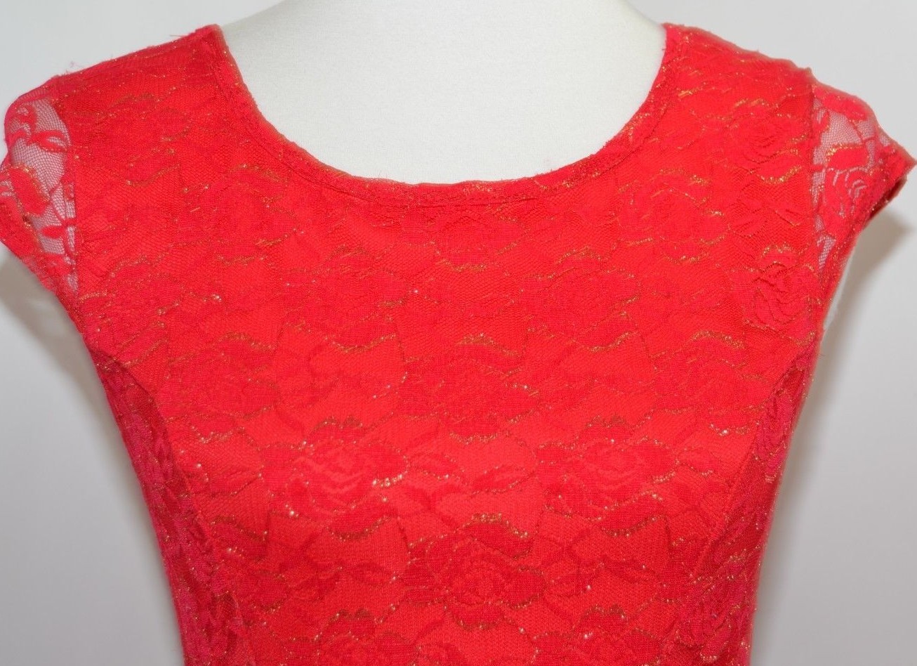 VTG IZ Byer Red Floral Glitter Lace Glitter Sheer Fitted Peplum Women S USA Made