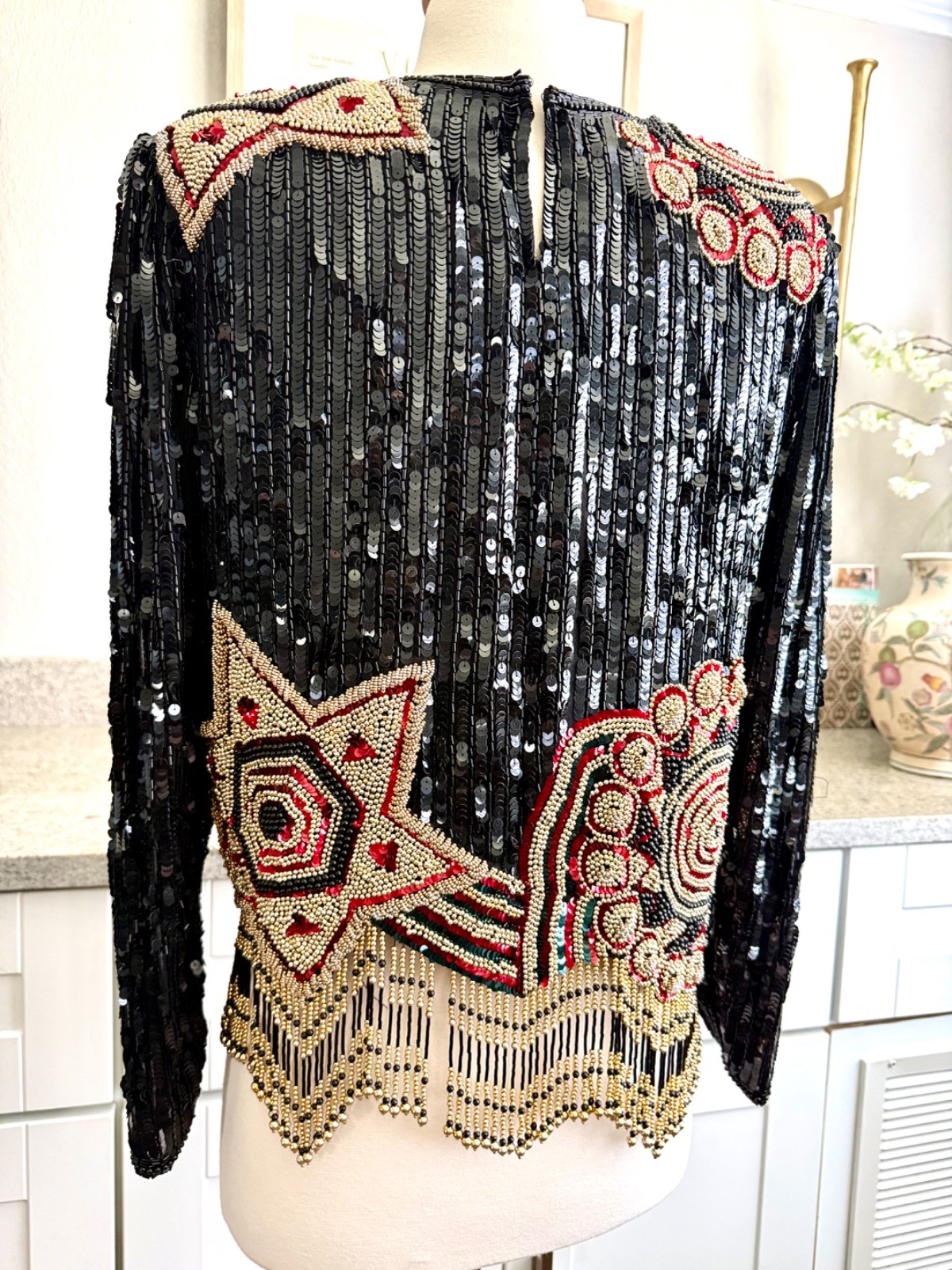 Vintage 80’s Niteline Beaded & Sequin Top Fringe sz S Black Gold Red