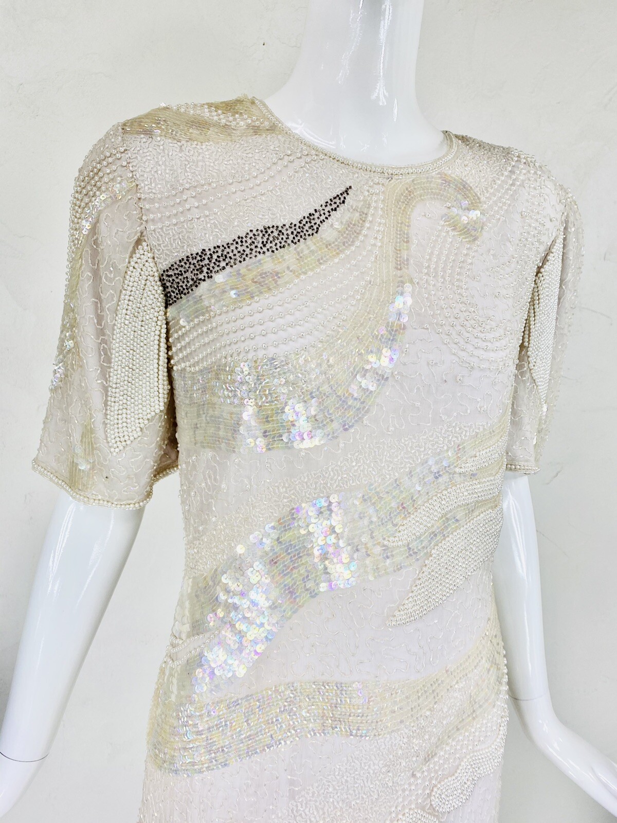 Vtg MODI Off White Champagne Silk Bead Sequin Evening Cocktail Wedding Dress, S