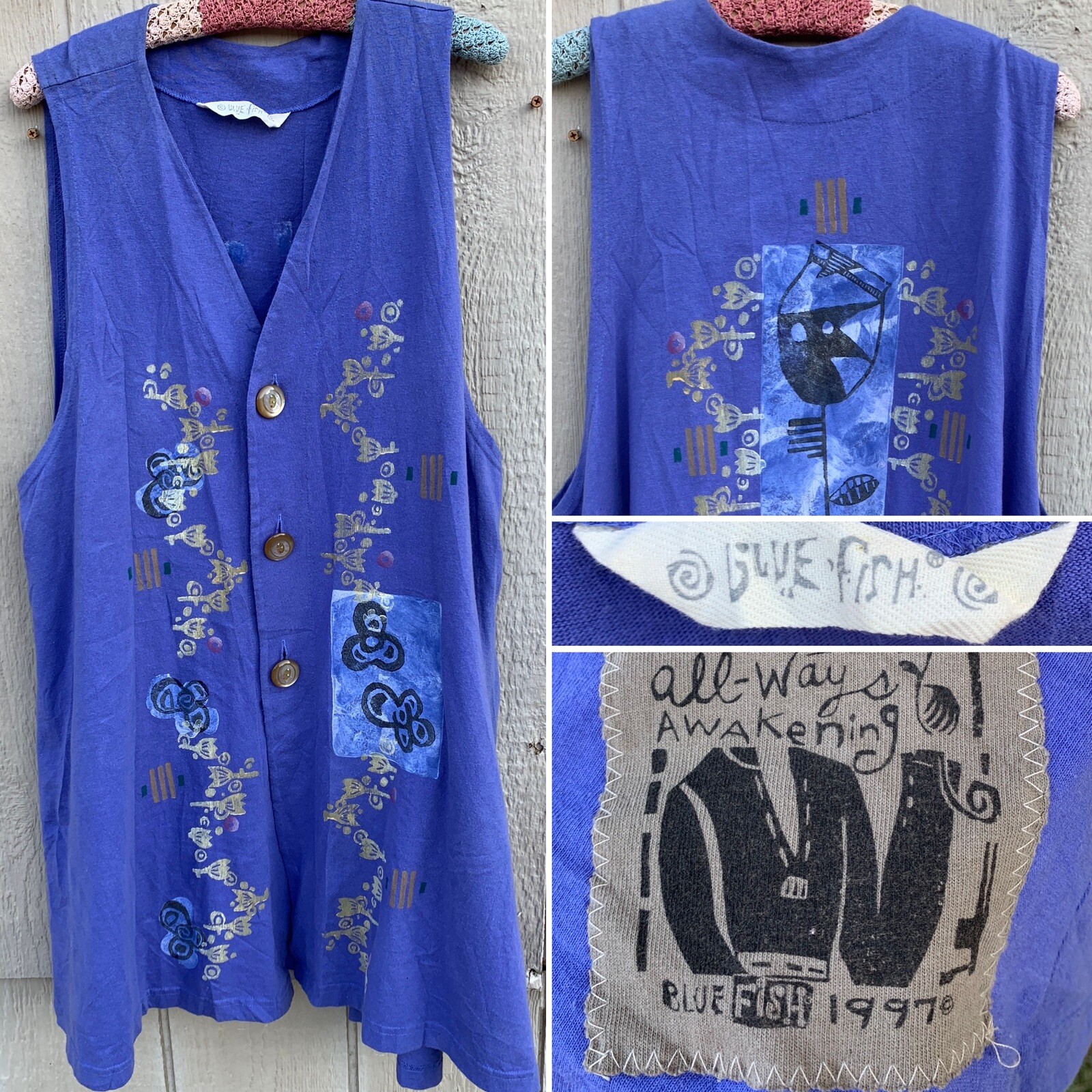 Vintage Blue Fish 1997 Long Button Front Top Vest Shirt Dress Wearable Art Sz 1