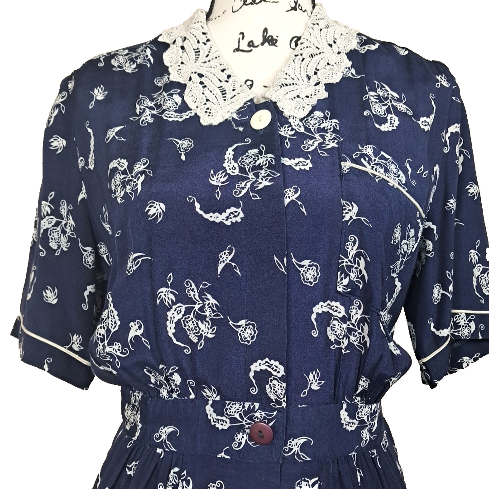 90’s Karen Stevens Floral Lace Collar Pencil Midi Dress Size 6 Blue Cottagecore