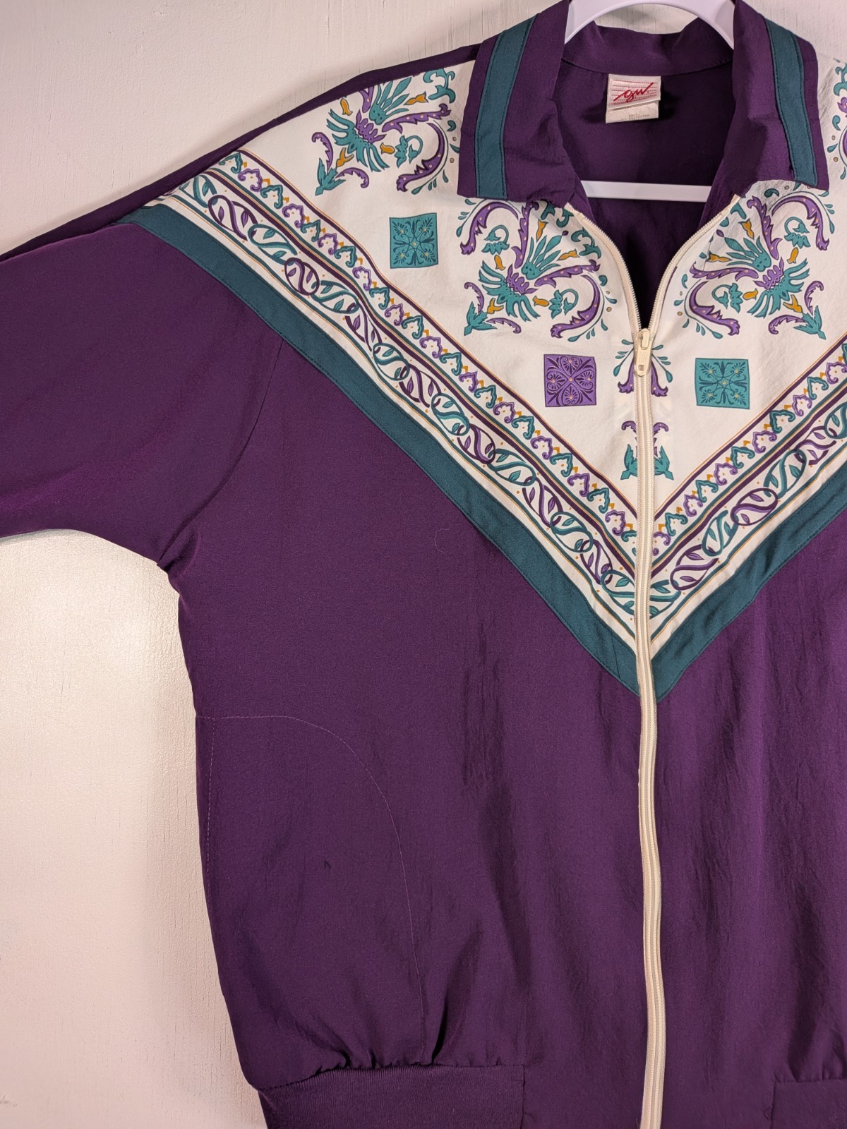 Vintage 90s Windbreaker Jacket Purple Western Scarf Print Zip Medium Teal Silky