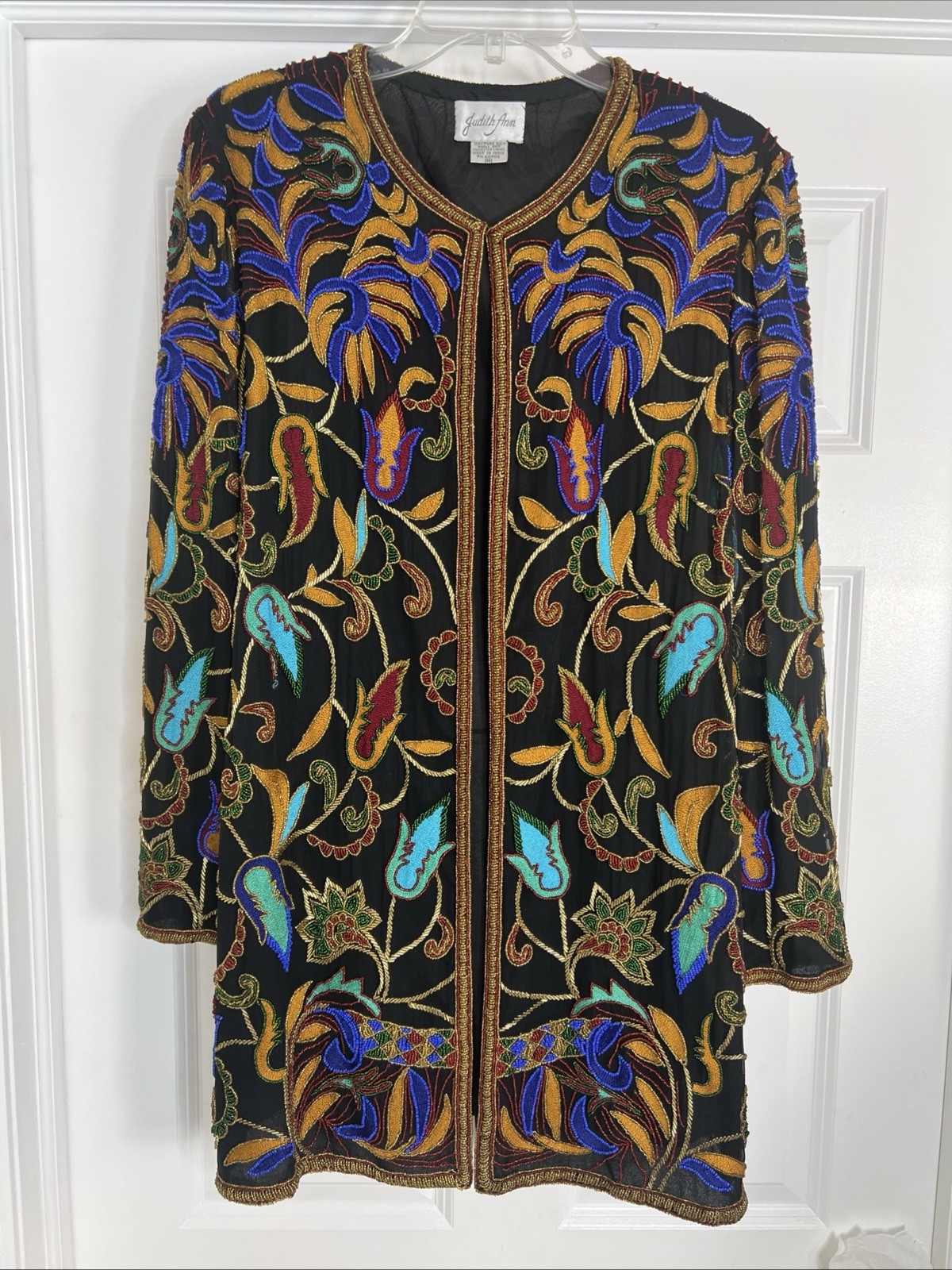 JUDITH ANN Vintage 80’s Black Multicolor Beaded Silk Embroidered Jacket Duster M