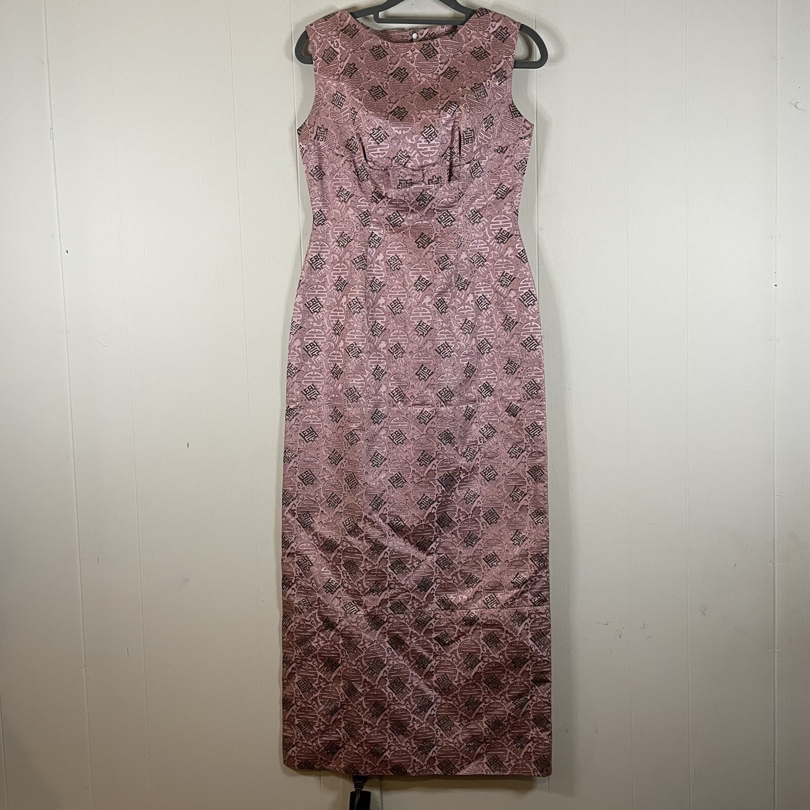 WOMEN’S VINTAGE 60’s METALLIC ASIAN PRINT DRESS – SIZE S