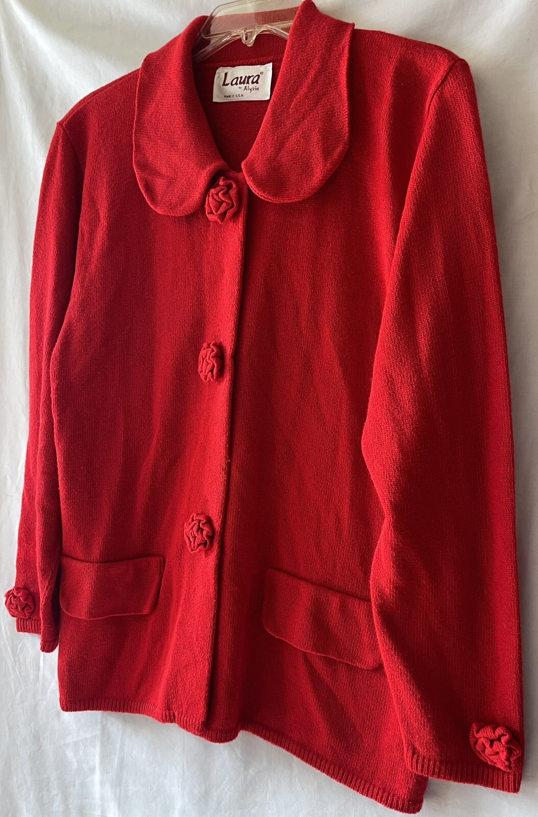VINTAGE LAURA by ALYZIA, Women’s L Red Cardigan Sweater Knit Flower Accents