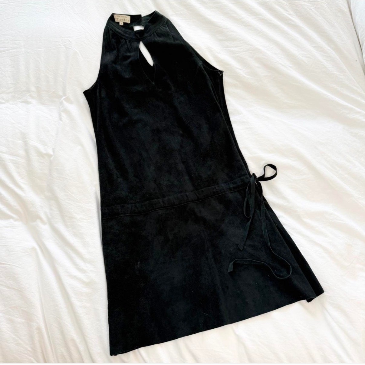 Vintage Chester Suede Dress Black Sleeveless Keyhole Mock Neck Mini Shift Size 6