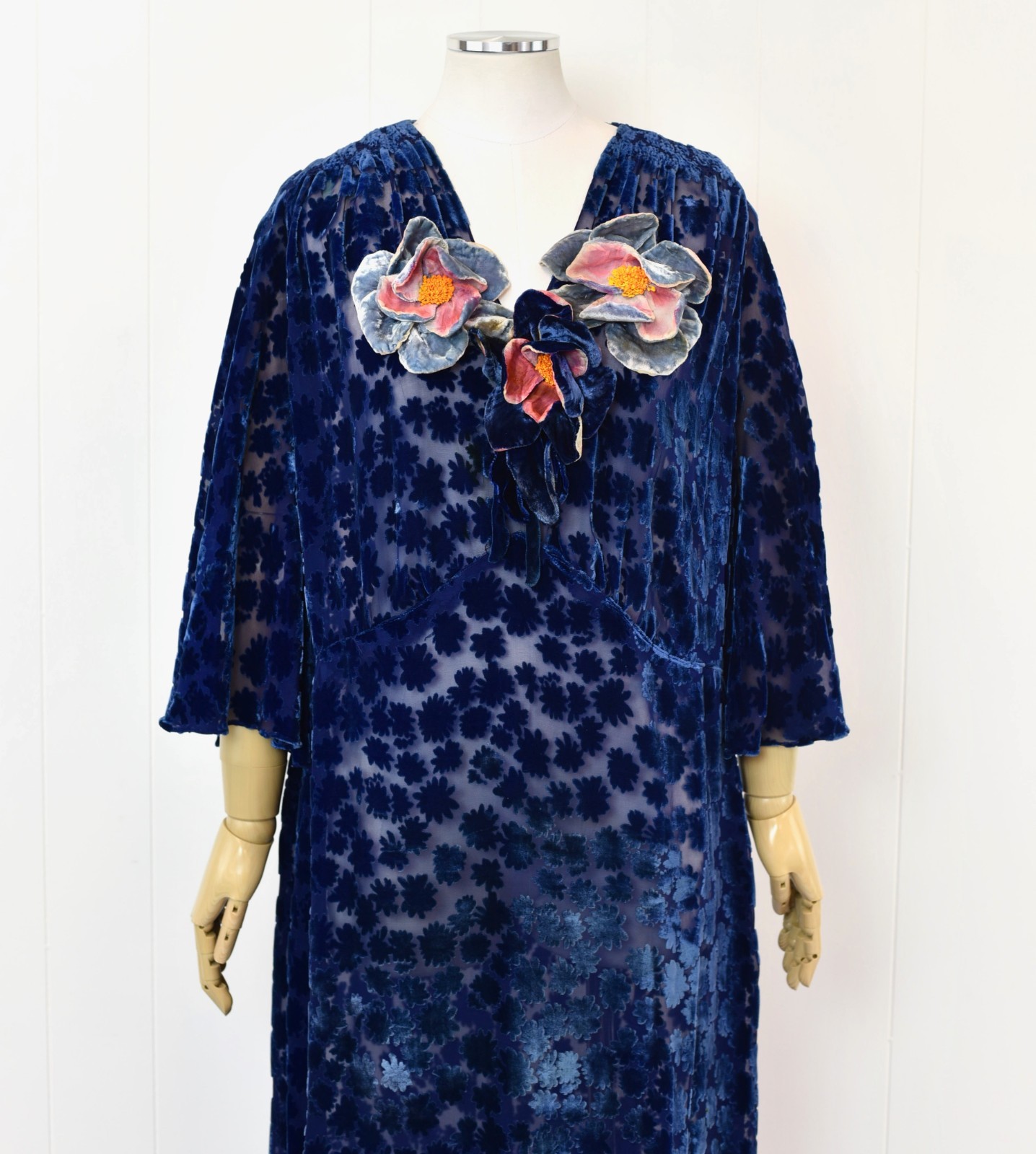 Antique 1930s Blue Devore Burnout Velvet Floral Art Deco Sheer Dress Larger Size