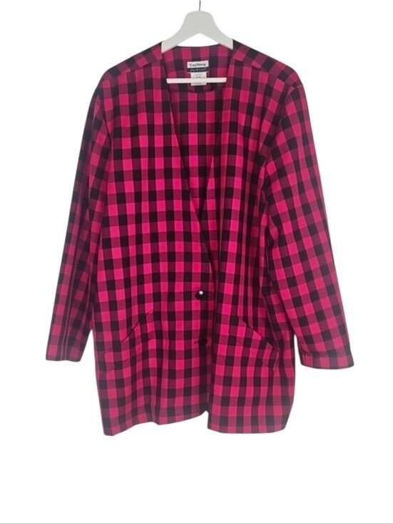 Vintage Late 80s Plaid Blazer Fuschia Pink Black Retro Classic 1980’s Work 22W