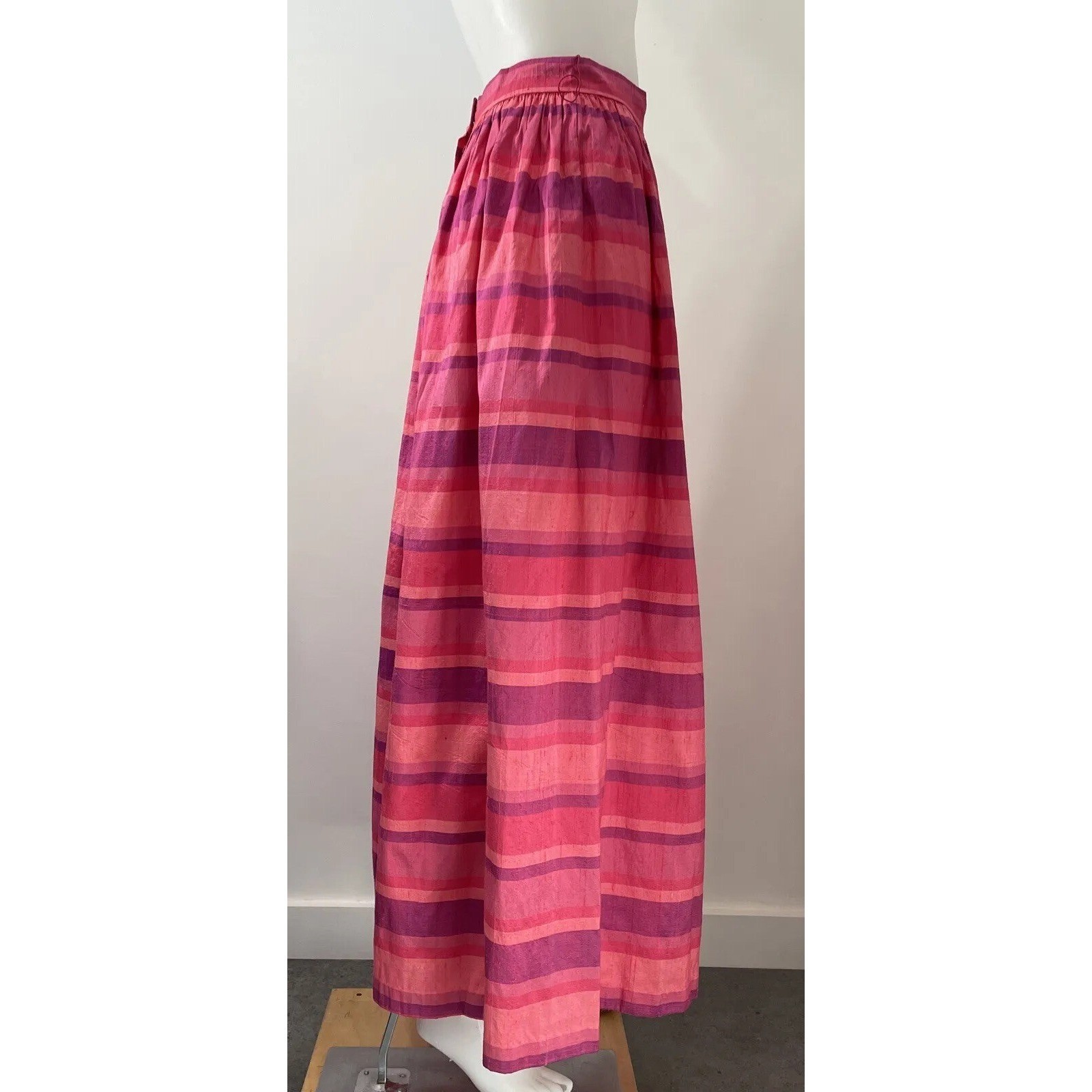 VTG 70s Victor Costa Silk Maxi Skirt Pink Multi Color No Belt Stripes Waist 28