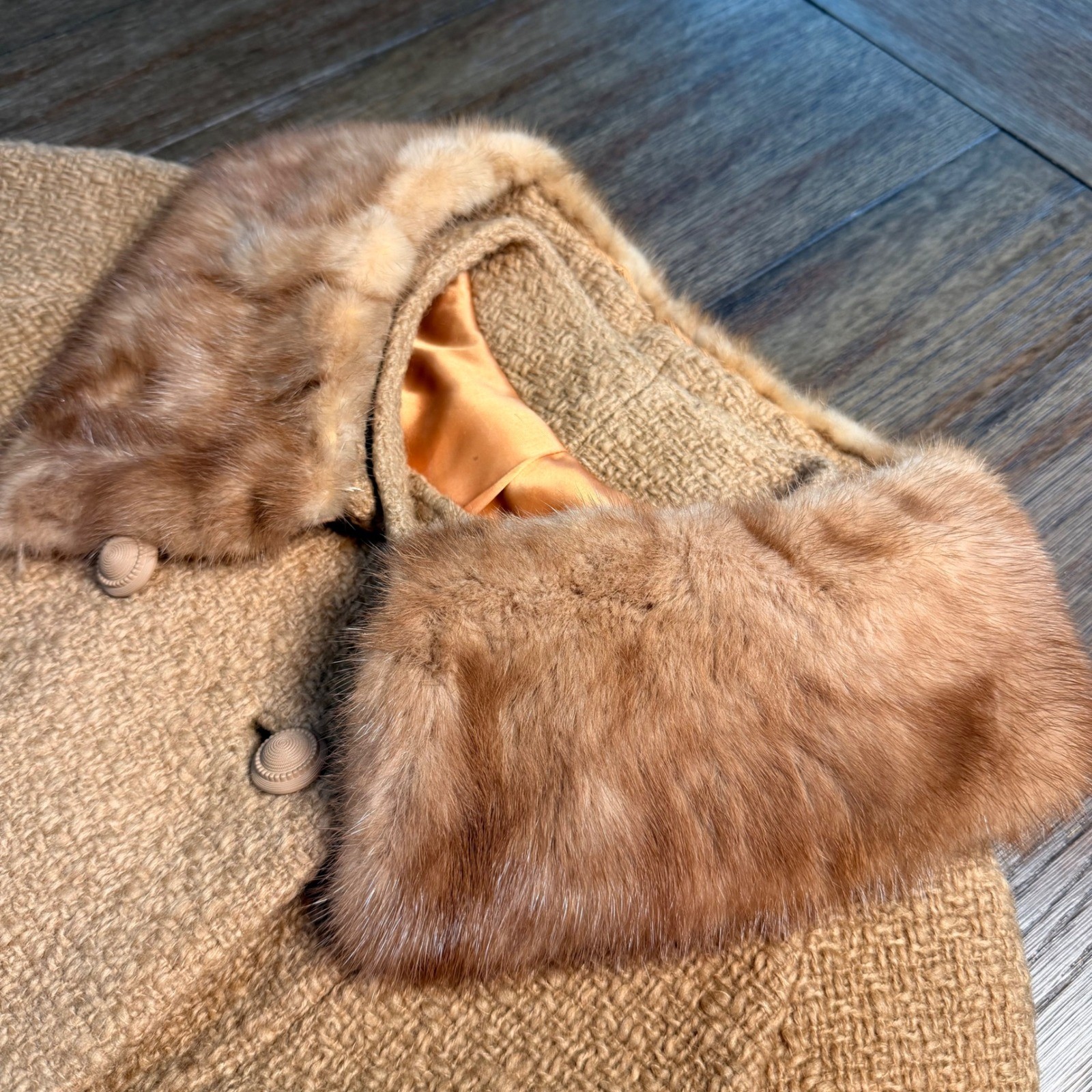 Circa 50s VTG Mid-Century Wool Bouclé Silk Lined Honey Mink Collar Winter Coat
