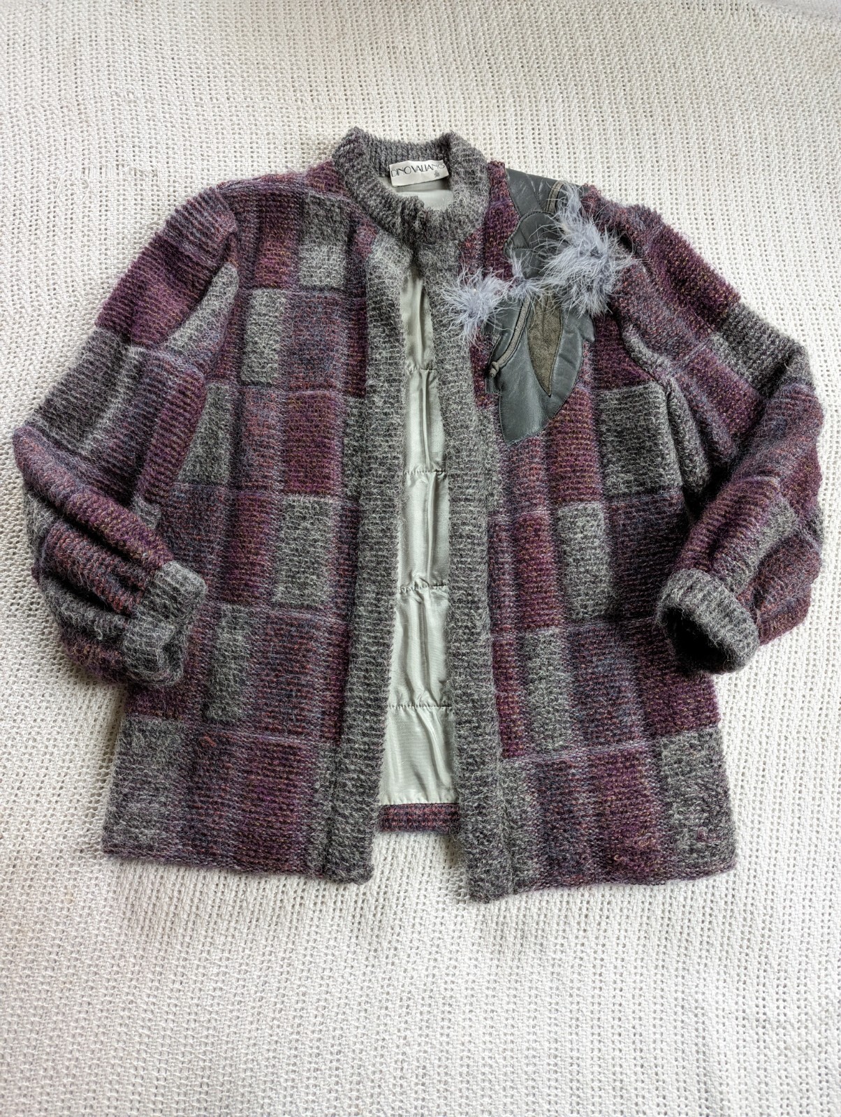 VTG 80s Dino Valiano 3D Mohair Leather Feather Cardigan Sweater Womens Medium 38