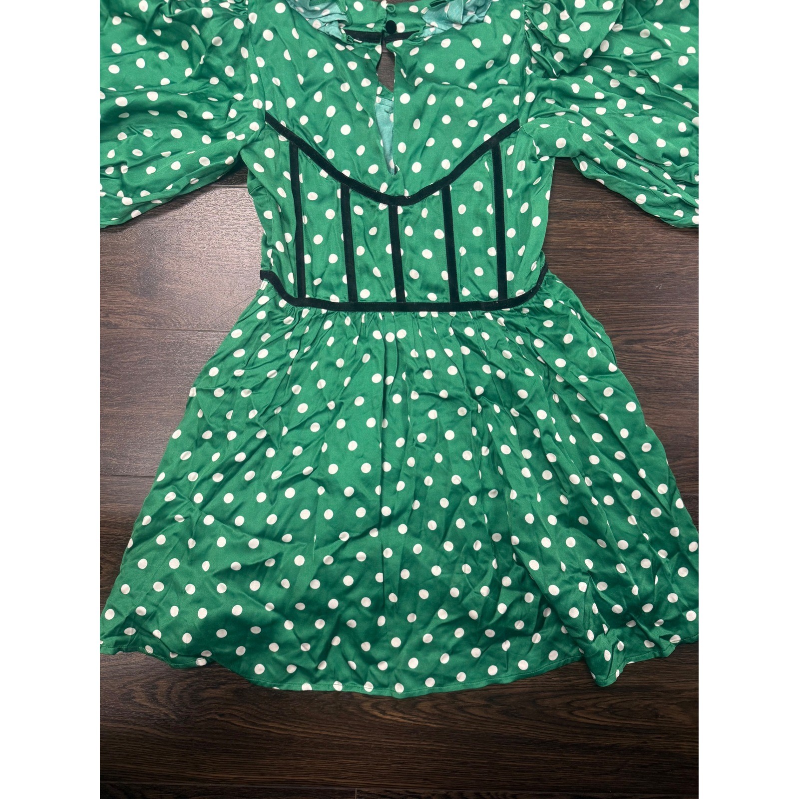 NWT For Love & Lemons Green Polka Dot Velvet Corset Trim Mini Dress – Size S