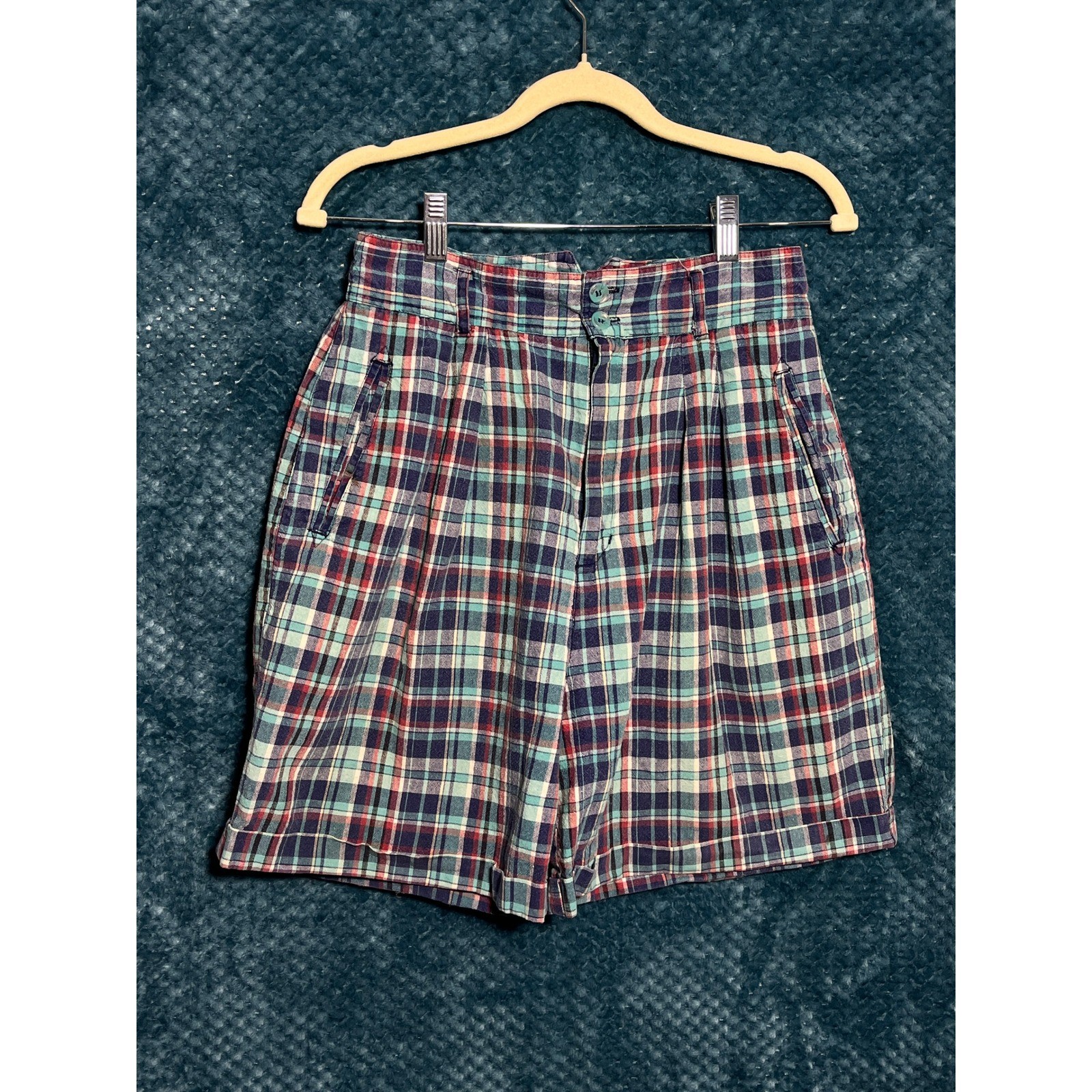 Vintage High Waisted Plaid Pleated Shorts Teal Navy Red Multi Color Check