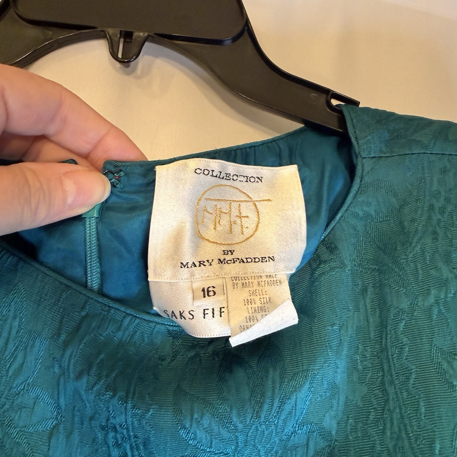 Vintage Mary McFadden for Saks Fifth Avenue Teal Silk Jacquard Dress – Size 16