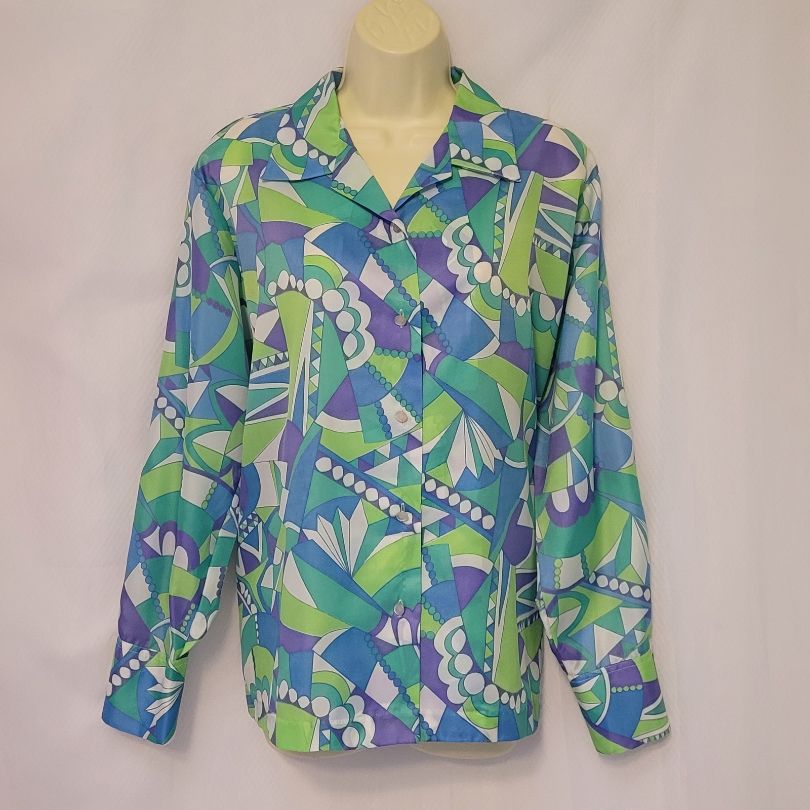 VTG 70s Wmn’s Blue Purple Green Geometric Mod Retro Satin Button Up Blouse Sz 18