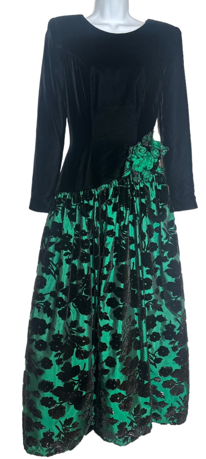 Vtg Eugene Alexander Green Black Velvet Floral Overlay Ball Prom Formal Dress Sm