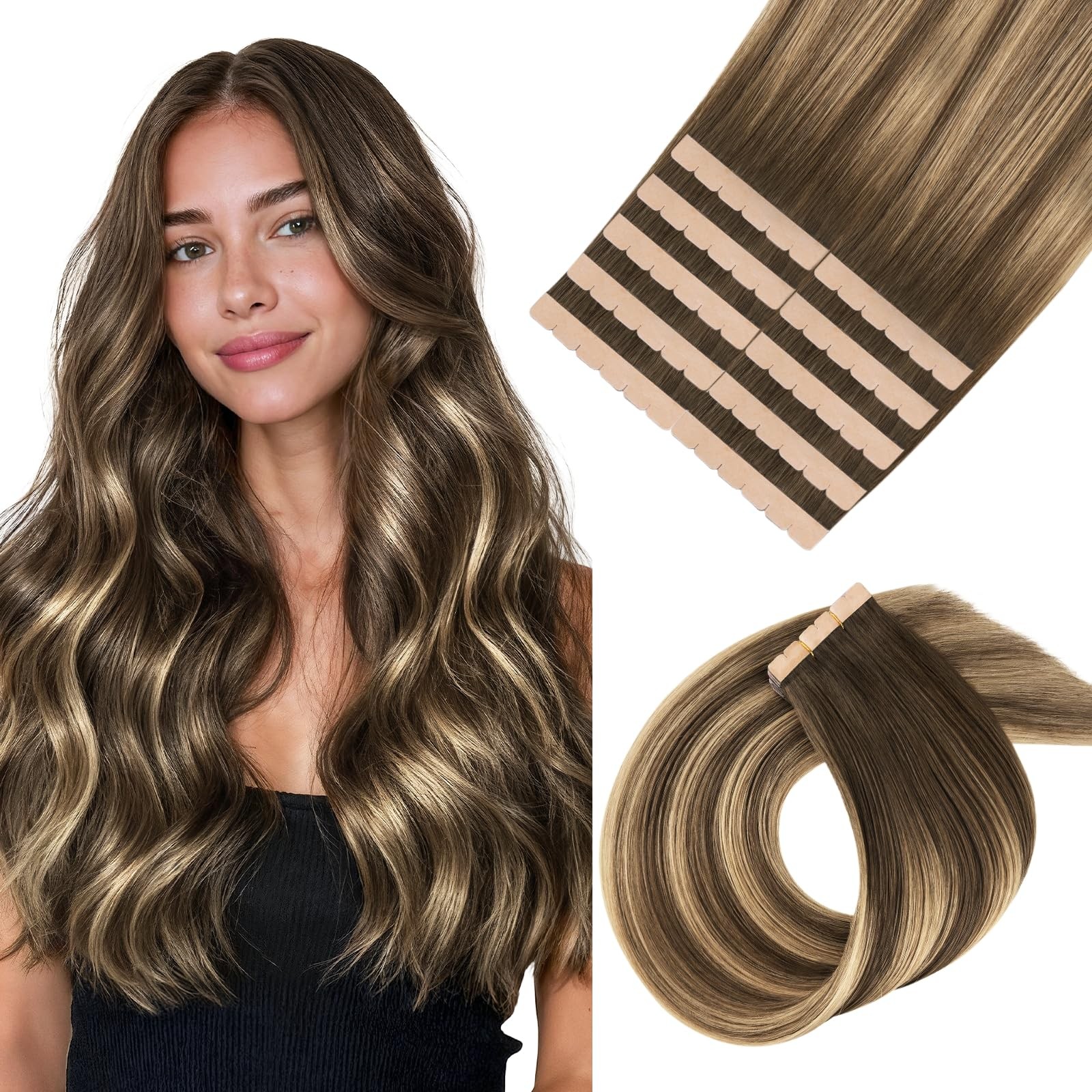 MAXITA Tape in Hair Extensions Human Hair,18 Inch 10pcs 30g Balayage Chocolate B