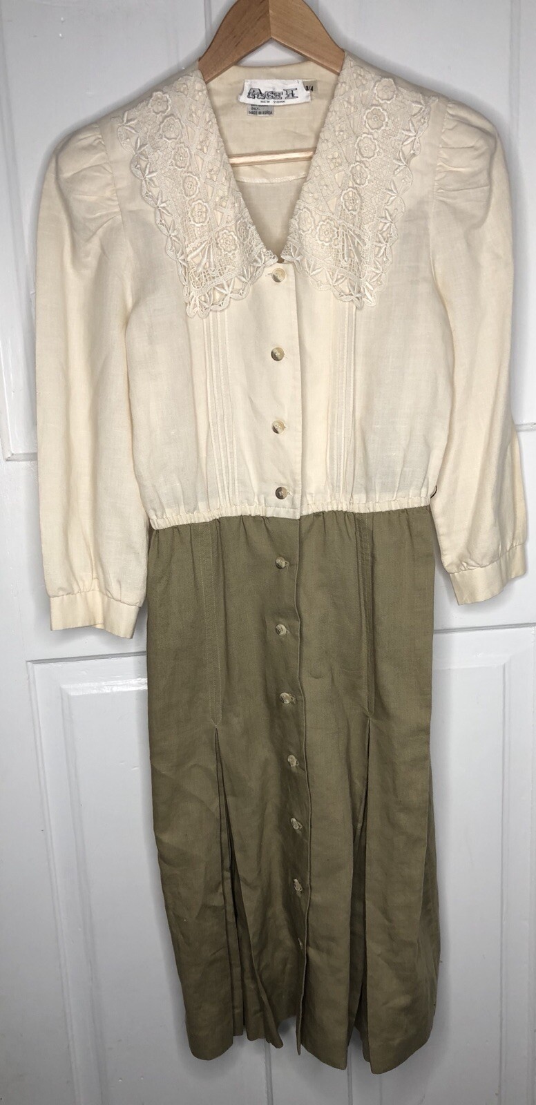 Vintage Act 1 Womens 3 4 Modest Dress Lace Collar Button Tone Pleated 1980s 90s