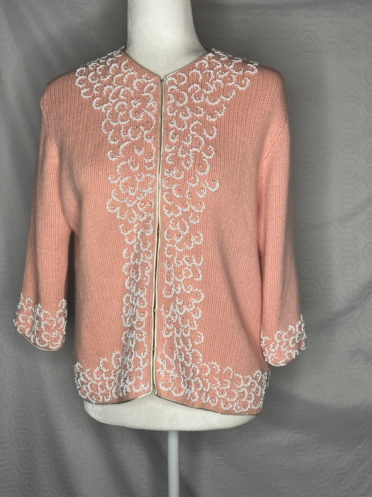 Vintage 60s Imperial Imports Hong Kong Peach Pink Sweater Beaded Cardigan