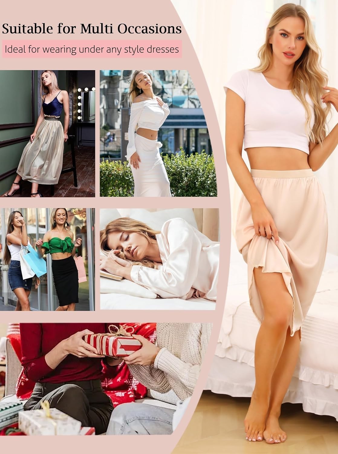 Women’s Satin Half Slip Slit Lace Long Underskirt for under Dresses Size S-3XL