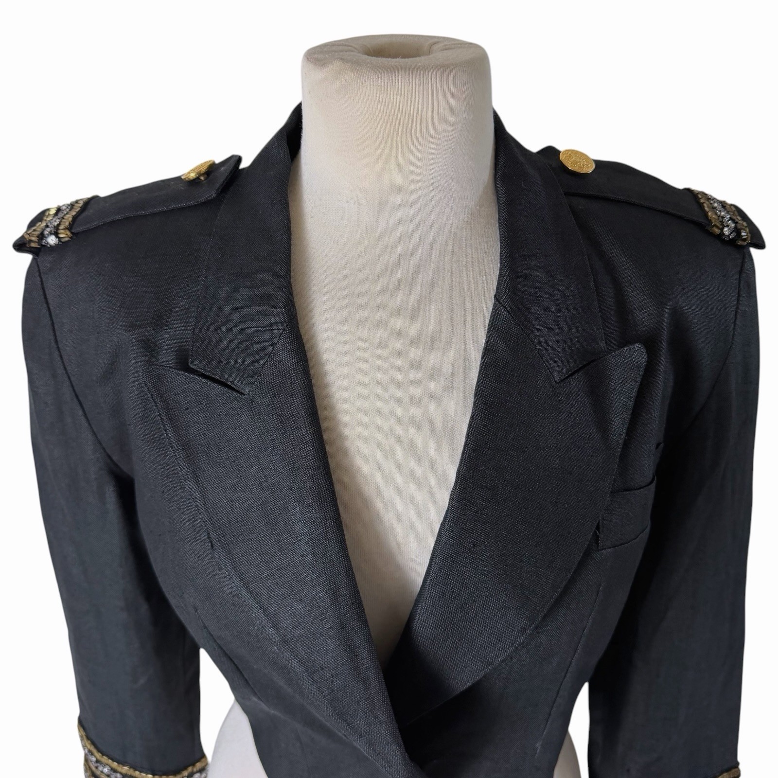 Vintage Pia Rucci Black Linen Cropped Spencer Jacket Military Beaded Blazer Sz 6