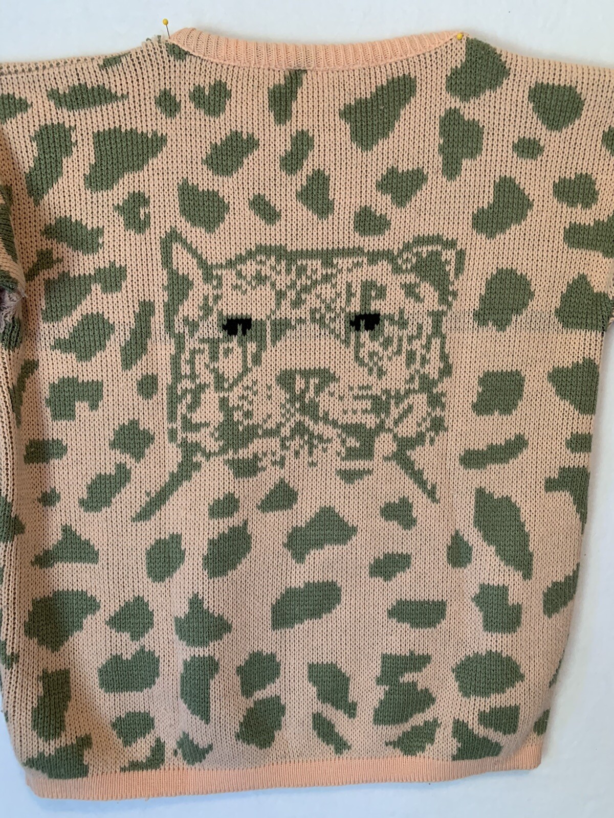 Vintage 80s Precious Knits Leopard Sweater Long Sleeve Pink Green Unmarked FLAW