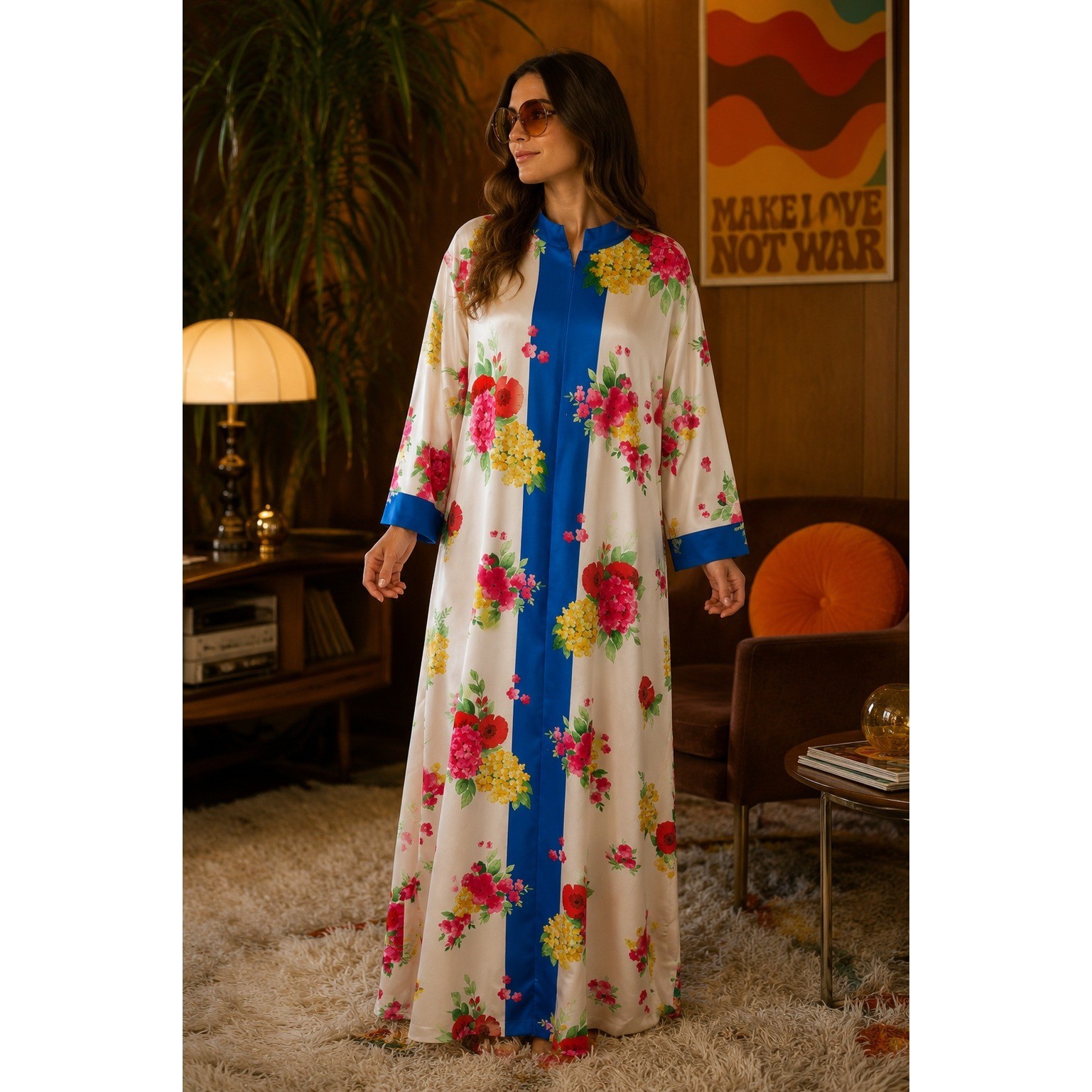 Vintage 70s Evelyn Pearson Go Coat Floral Zip House Robe Maxi Hostess Coat M