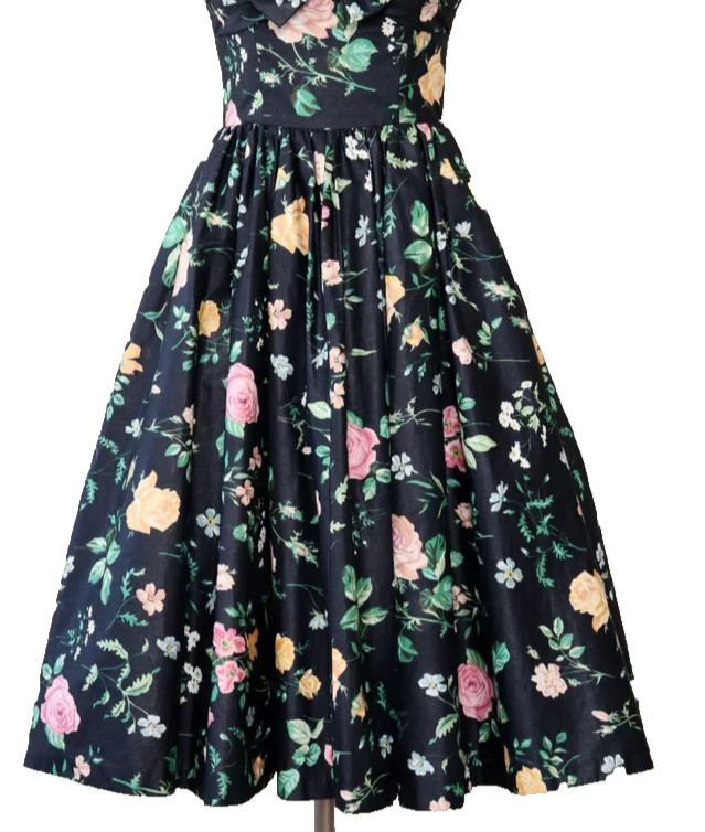 Vintage 80s Cottage Core Black Floral Prom Party Dress Gilbert-Pavell Size 4
